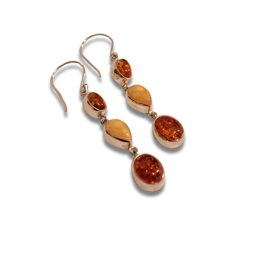 Click to view detail for HW-4069 Earrings, Amber Dangles, 3 Oval/Teardrop $46